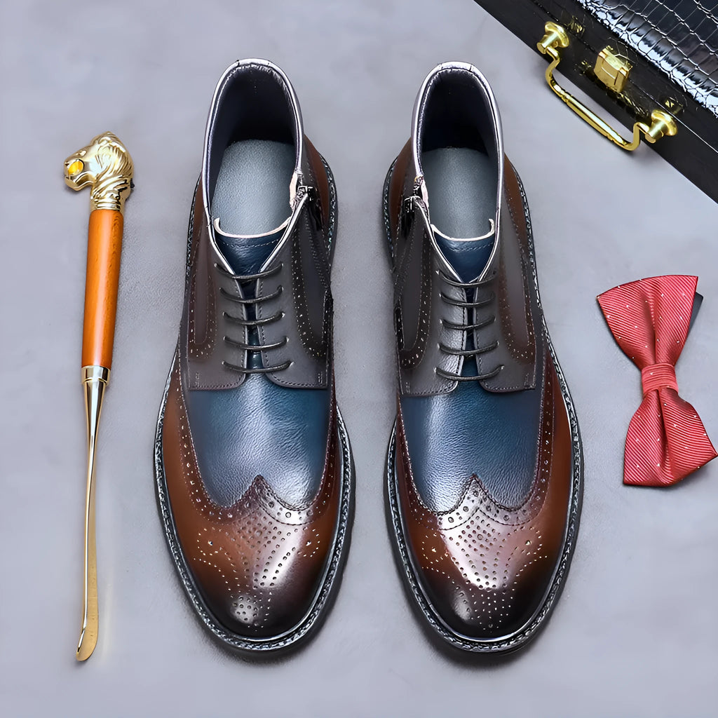 Men's curry blue cowhide leather brogue boots with front lacing and decorative stitching