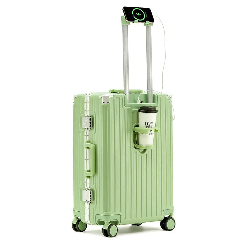 Aluminium frame trolley suitcase in avocado green with wheels and a USB port.