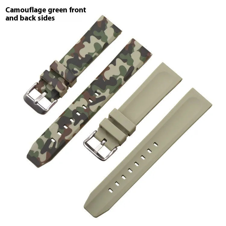 Green camouflage silicone watch strap with flat head lugs in 20mm width