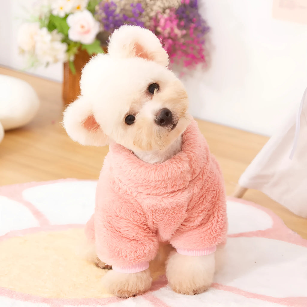 Four-legged dog clothing in blue with high collar and thick double-sided plush material for autumn and winter wear