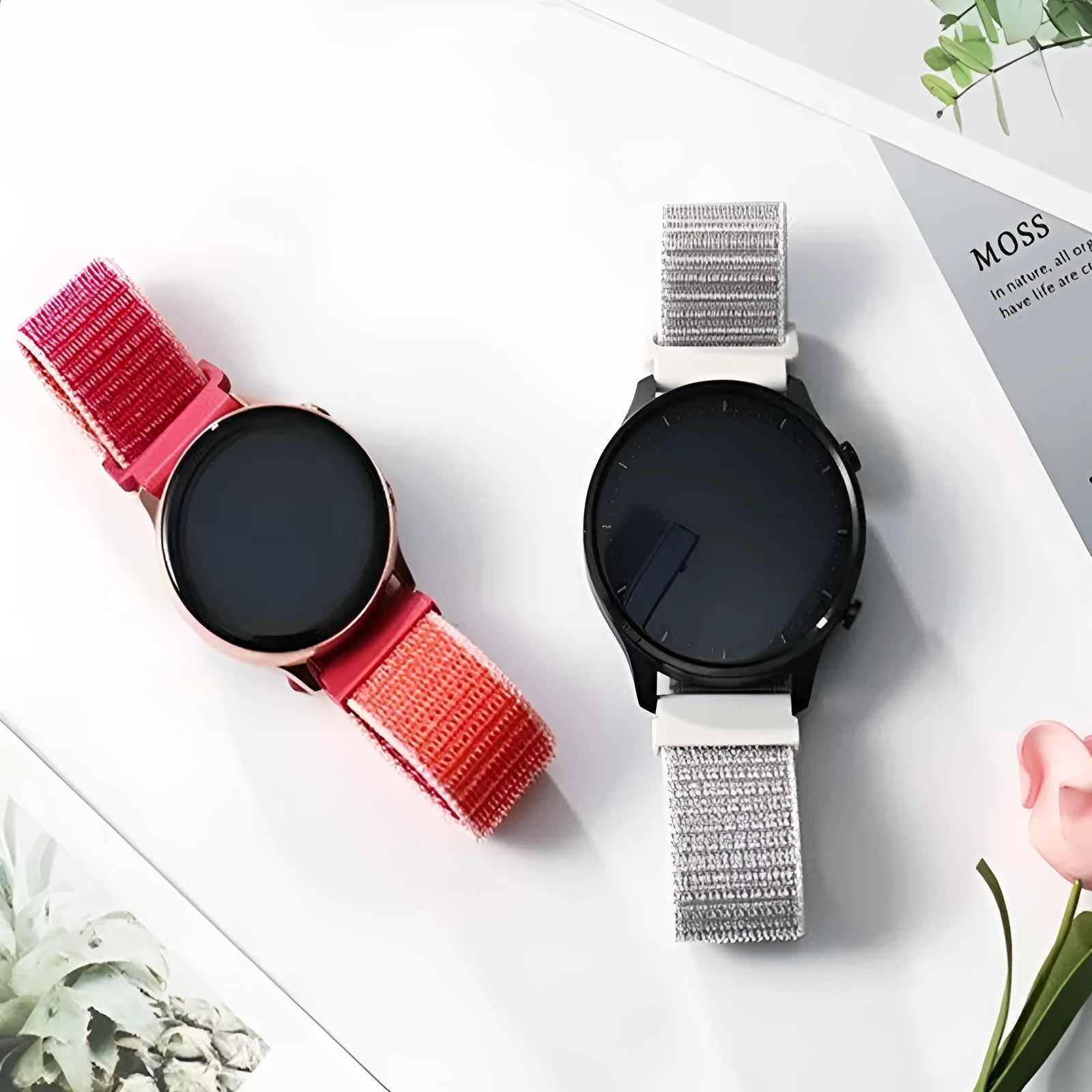 Universal nylon loop sports strap for Samsung and Huawei watches in 22mm width, available in multiple colours including white pinstripe and rainbow