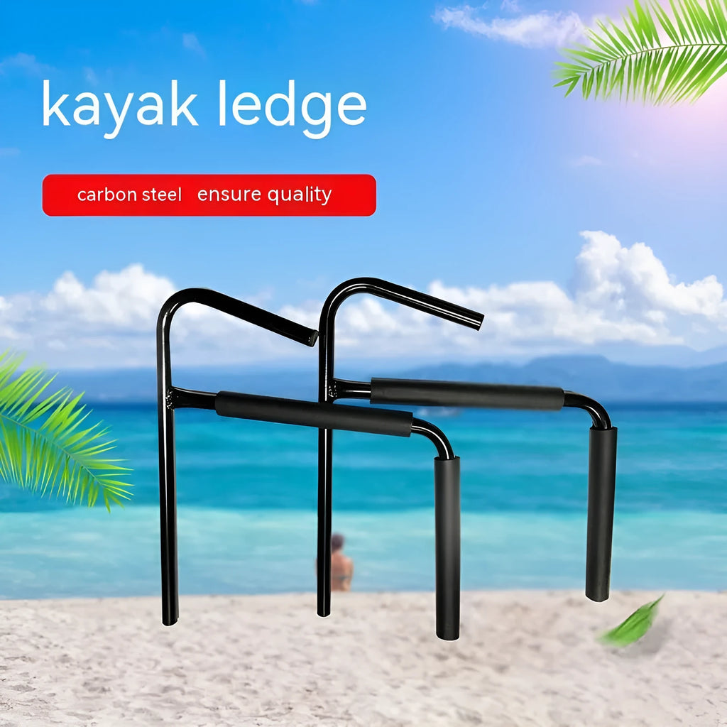 Carbon steel kayak wall hanger with foam-lined hooks mounted on a wall, showing dimensions of 43 by 38 cm.