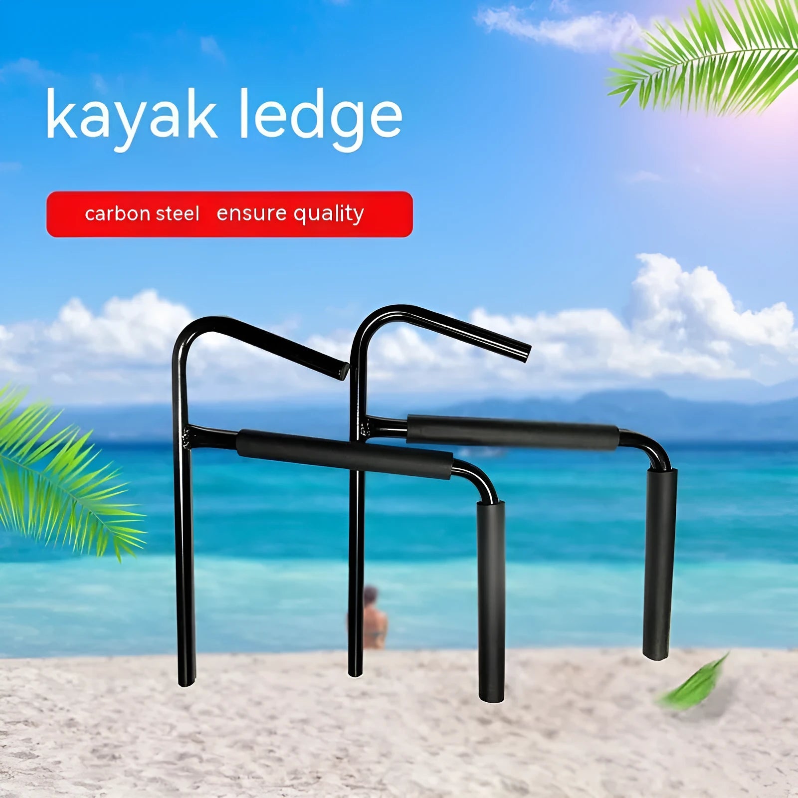 Carbon steel kayak wall hanger with foam-lined hooks mounted on a wall, showing dimensions of 43 by 38 cm.