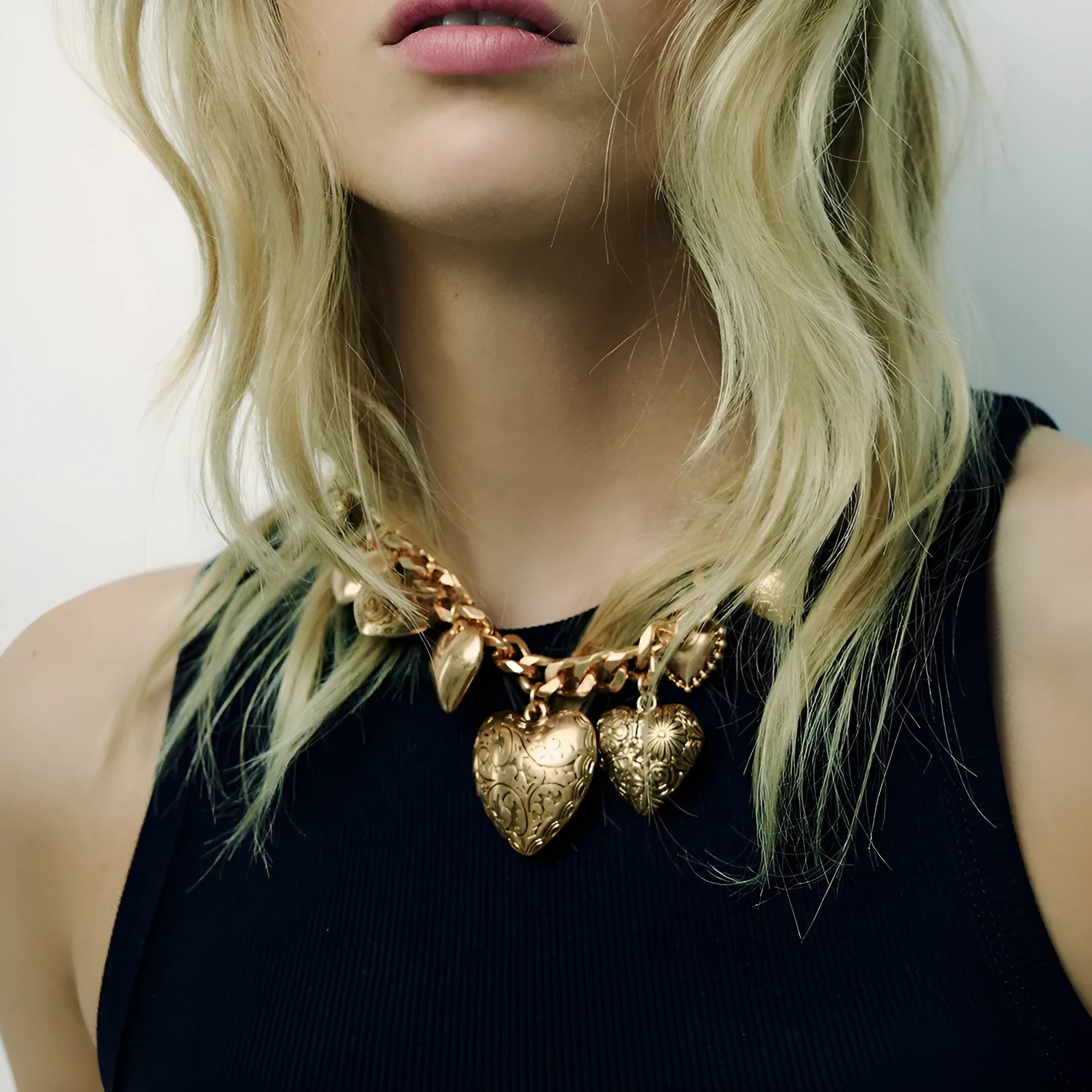 Carved heart pendant necklace in gold or white K with textured surface and exaggerated size
