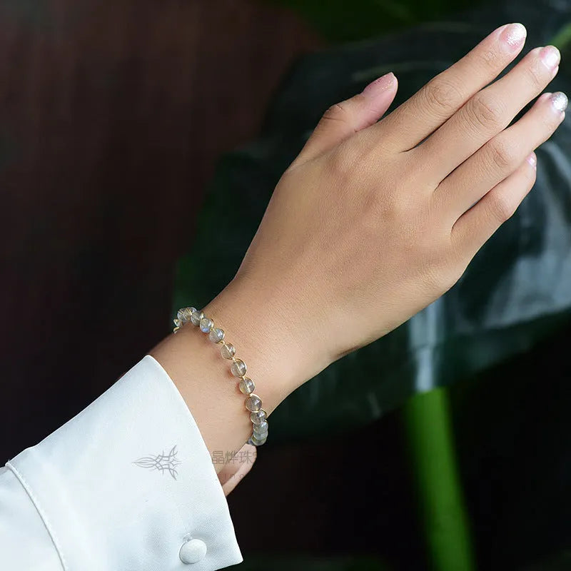 Women's bracelet with 6mm natural moonstone crystals and 14K gold-plated metal elements