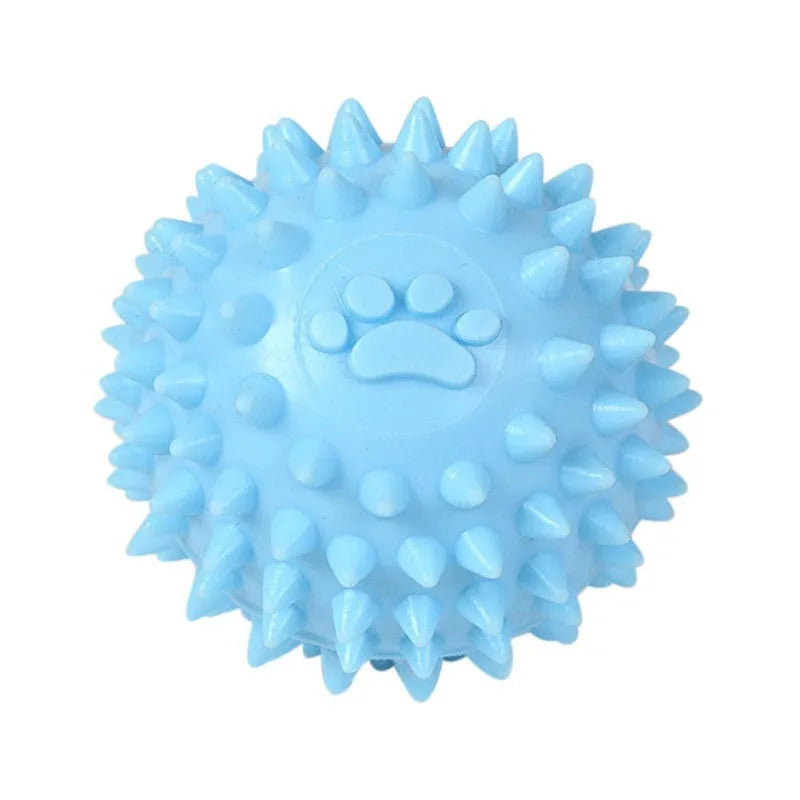 Blue TPR dog chew ball with footprint pattern and raised texture for dental cleaning