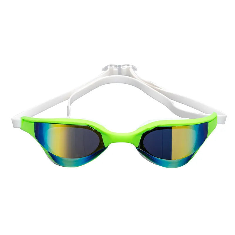 Adult swimming goggles with anti-fog HD lenses and a black silicone seal, shown with a plastic mirror case.