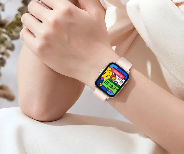 Blue smart sports watch with 1.7-inch touch screen on adjustable strap showing fitness tracking display