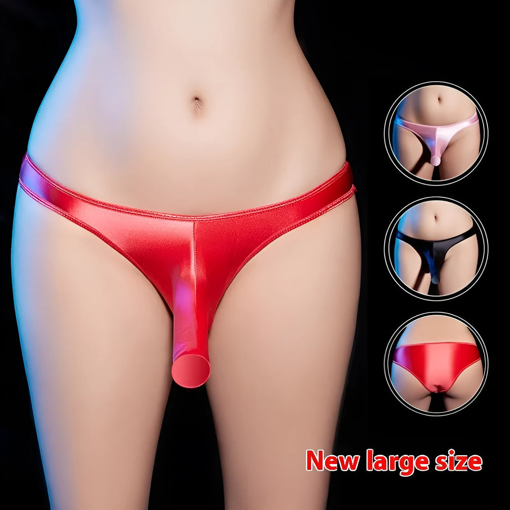 Men's low waist T-back underwear in shiny nylon, colours: black, white, dark grey, red, pink
