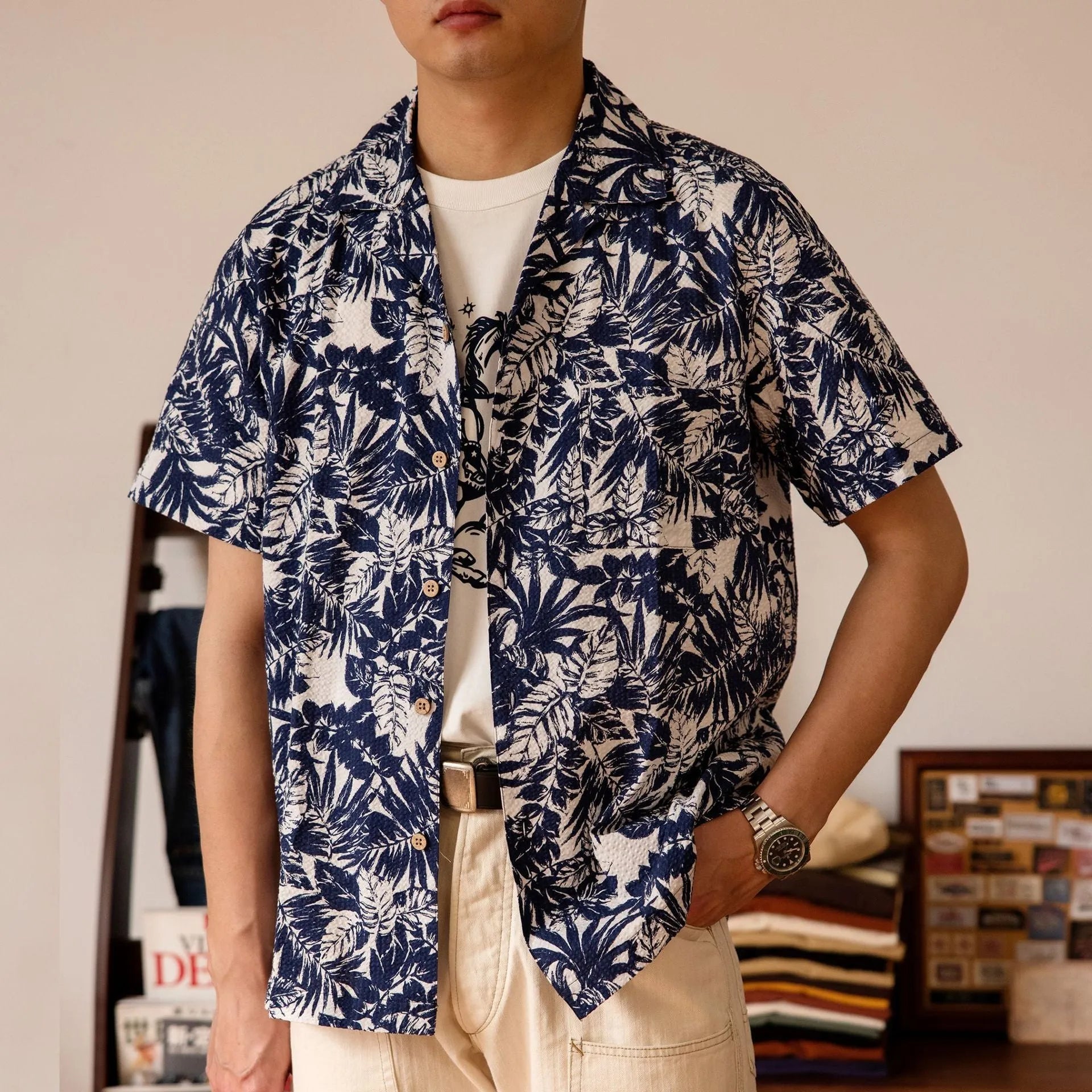 Vintage floral print seersucker Cuban collar shirt in loose fit on hanger