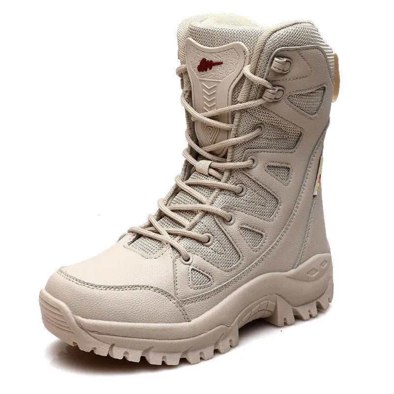 Men's cowhide leather hi-top hiking shoes in beige colour on outdoor terrain
