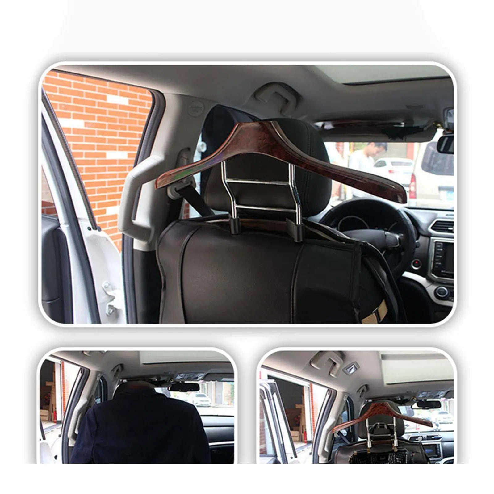 Wood yellow stainless steel and ABS car mounted clothes hanger measuring 46.5 by 23 cm