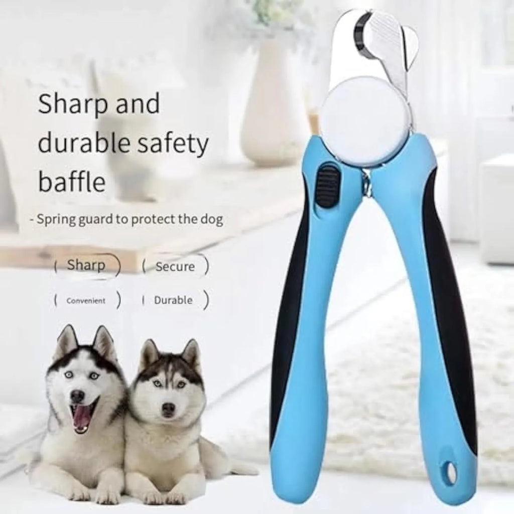Blue heavy-duty dog nail clippers with safety guard for large breeds, shown with size scale.
