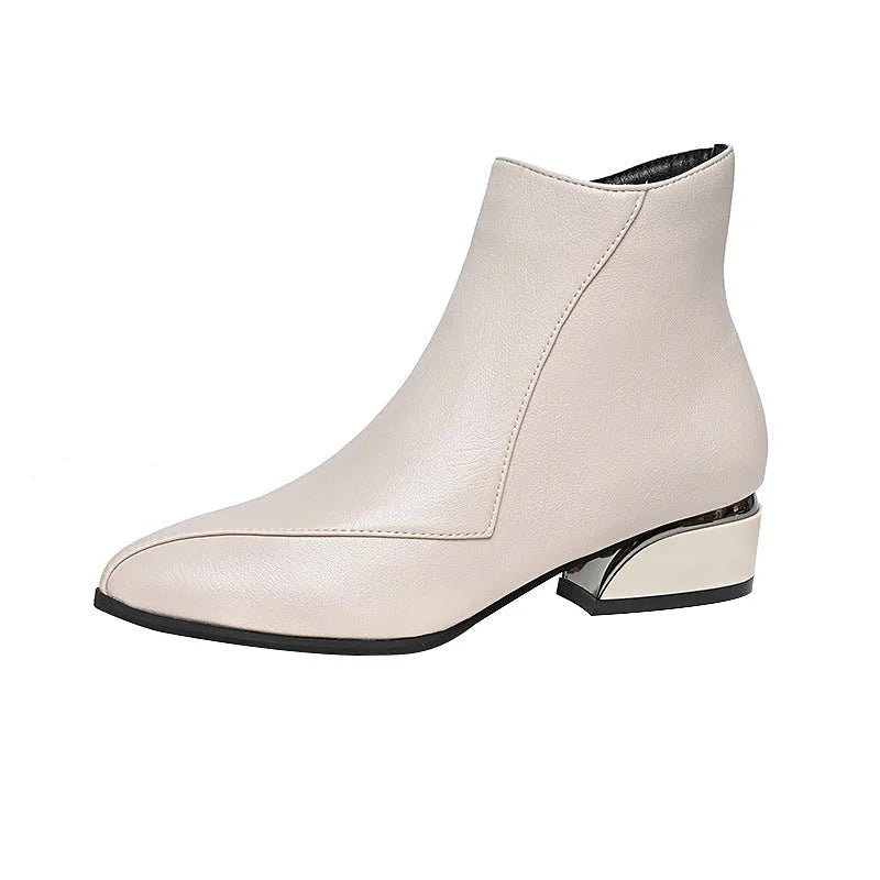 Women's chunky heel Martin boots in black with side zipper and leather stitch detail