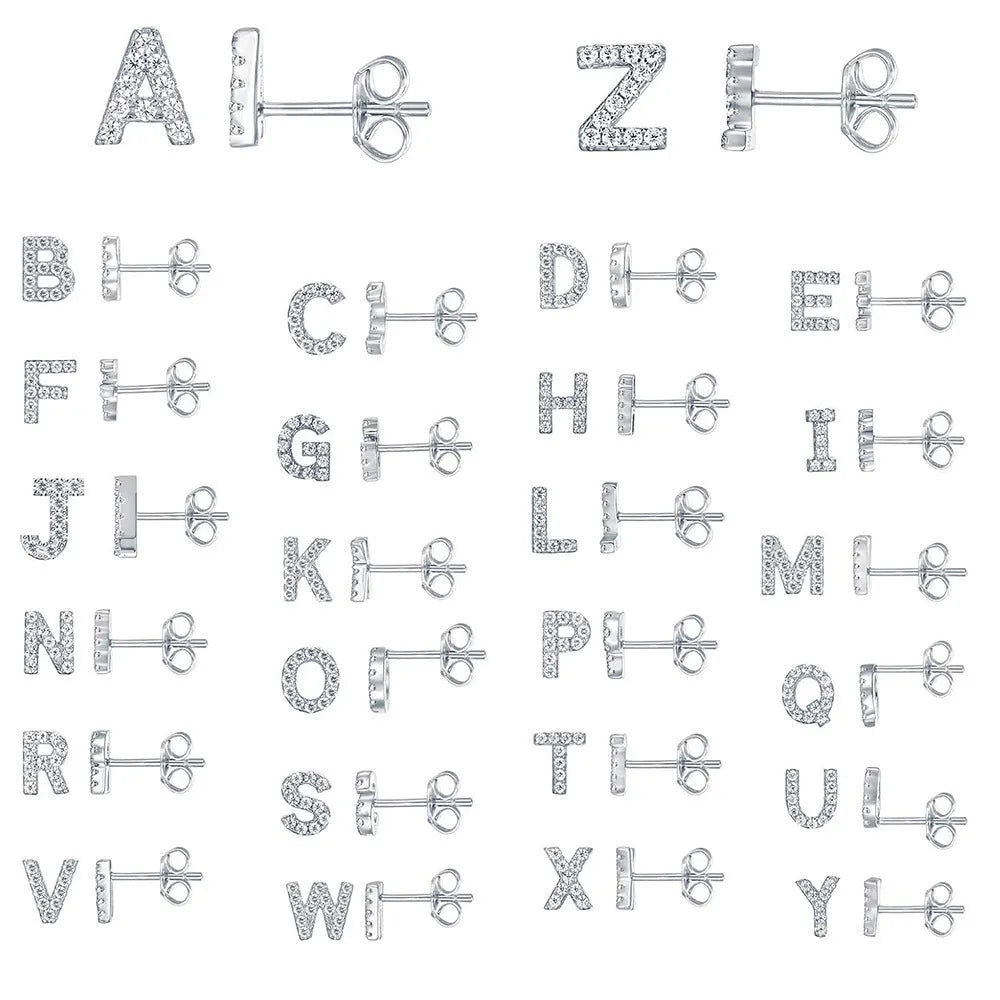 Brass gold plated alphabet letter earrings with zircon accents showing English letters A to Z options