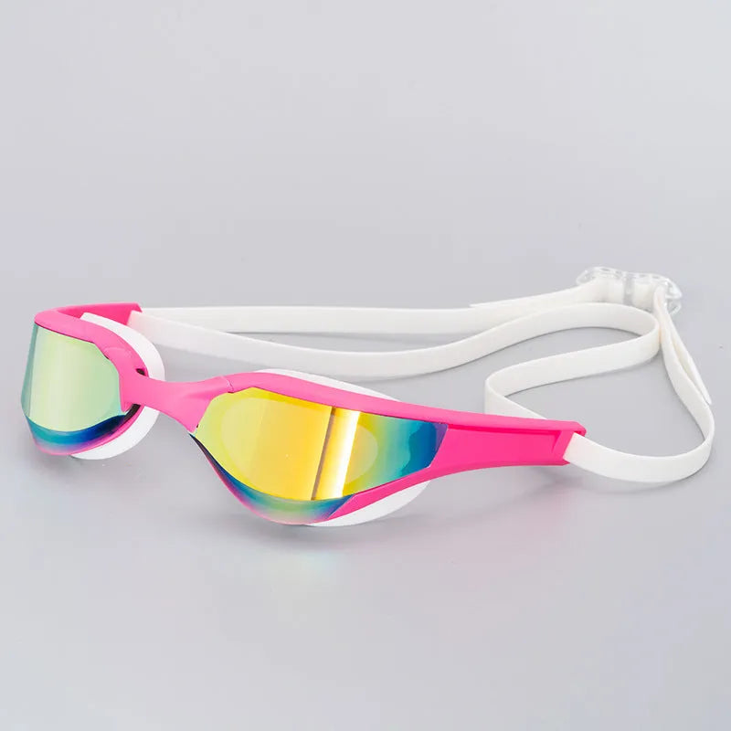 Adult swimming goggles with anti-fog HD lenses and a black silicone seal, shown with a plastic mirror case.