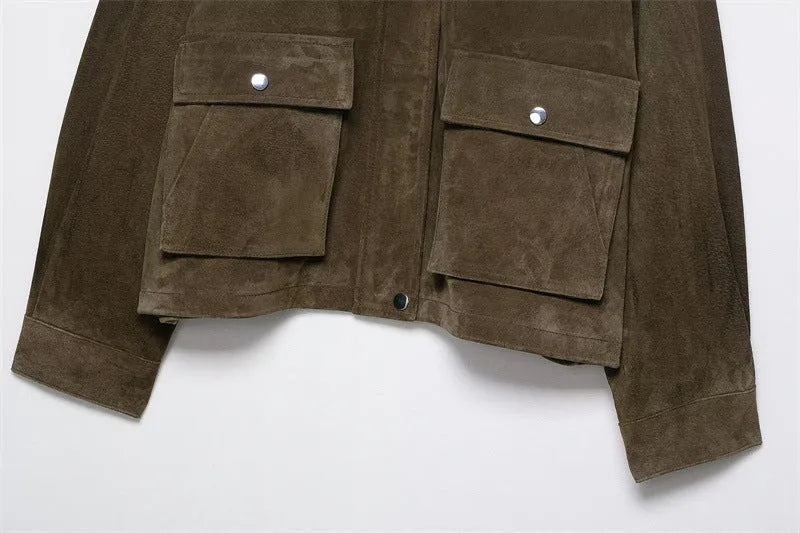 Women's PU jacket in picture colour with Japanese Korean casual style on a model.