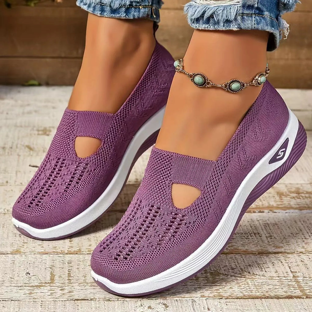 Casual mesh T-strap flat shoe for women in a selection of colours on a soft PVC sole.