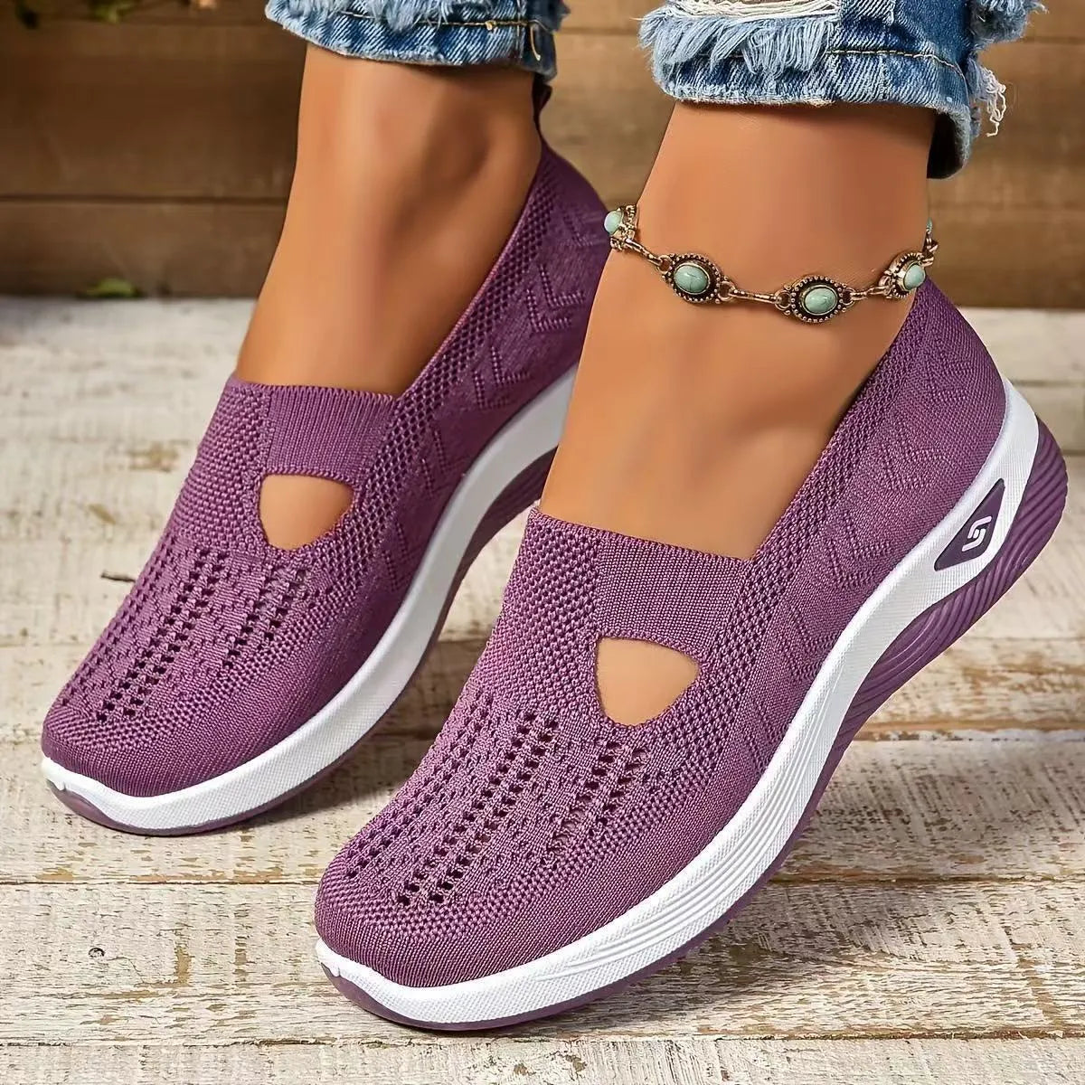 Casual mesh T-strap flat shoe for women in a selection of colours on a soft PVC sole.