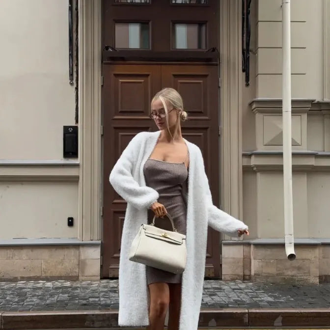 White women's knitted cardigan jacket with long sleeves and 105cm length