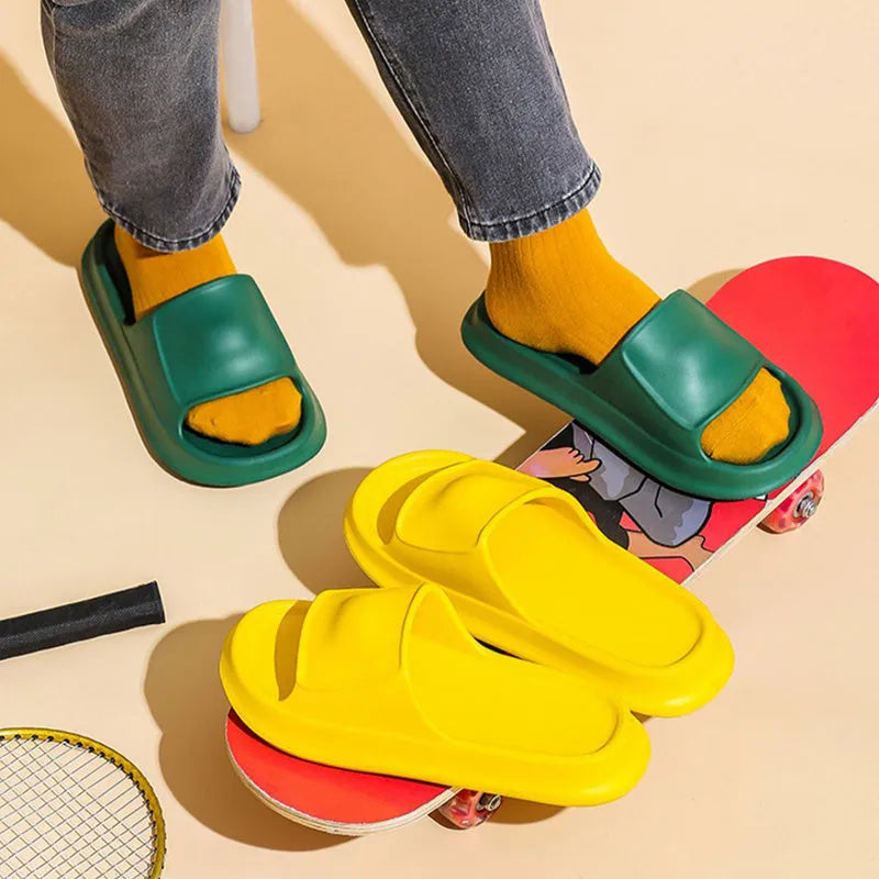 EVA flip-flop slippers with a thick sole in multiple colour options on a white background.