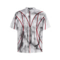 Women's padded shoulder t-shirt with three-dimensional line patchwork design on front