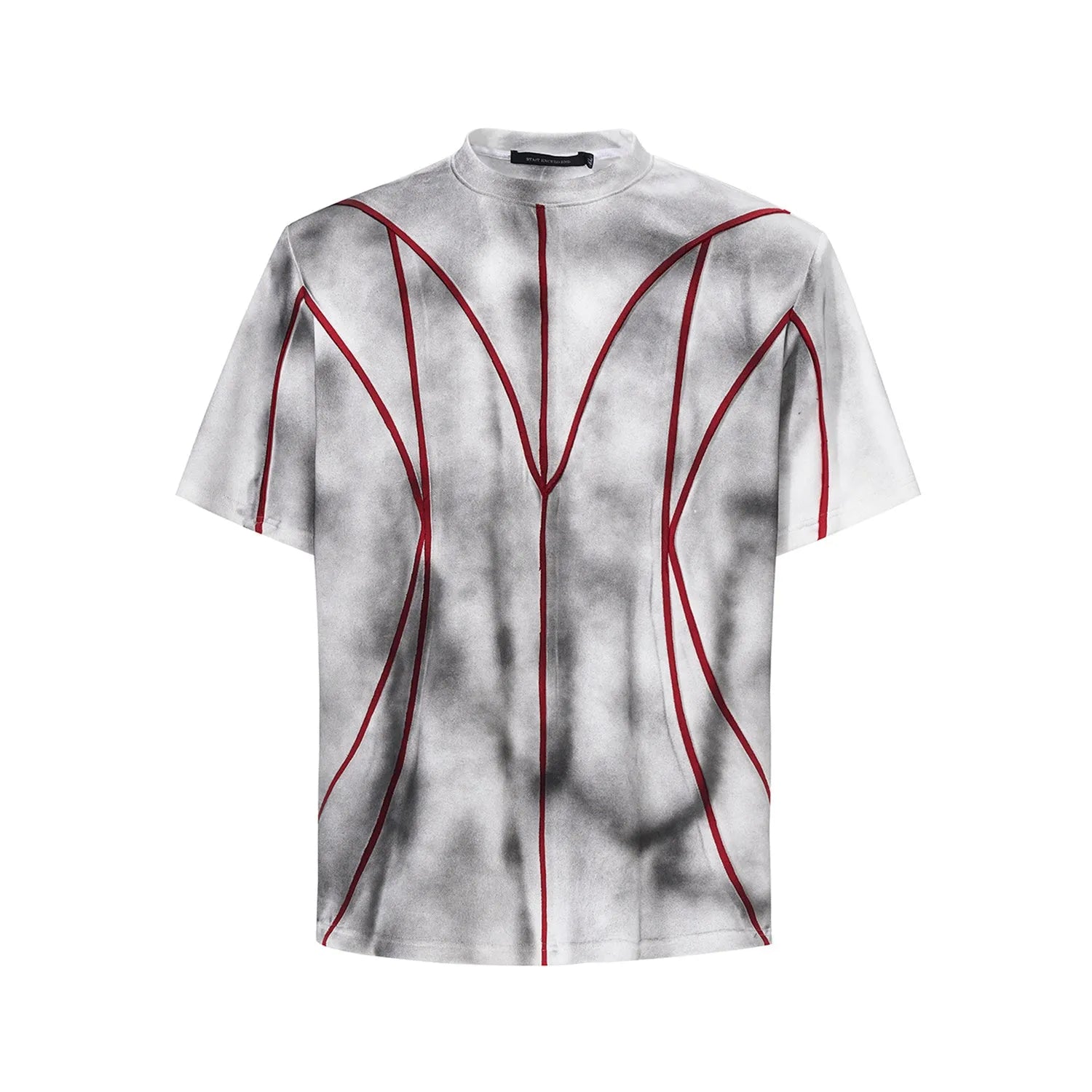 Women's padded shoulder t-shirt with three-dimensional line patchwork design on front