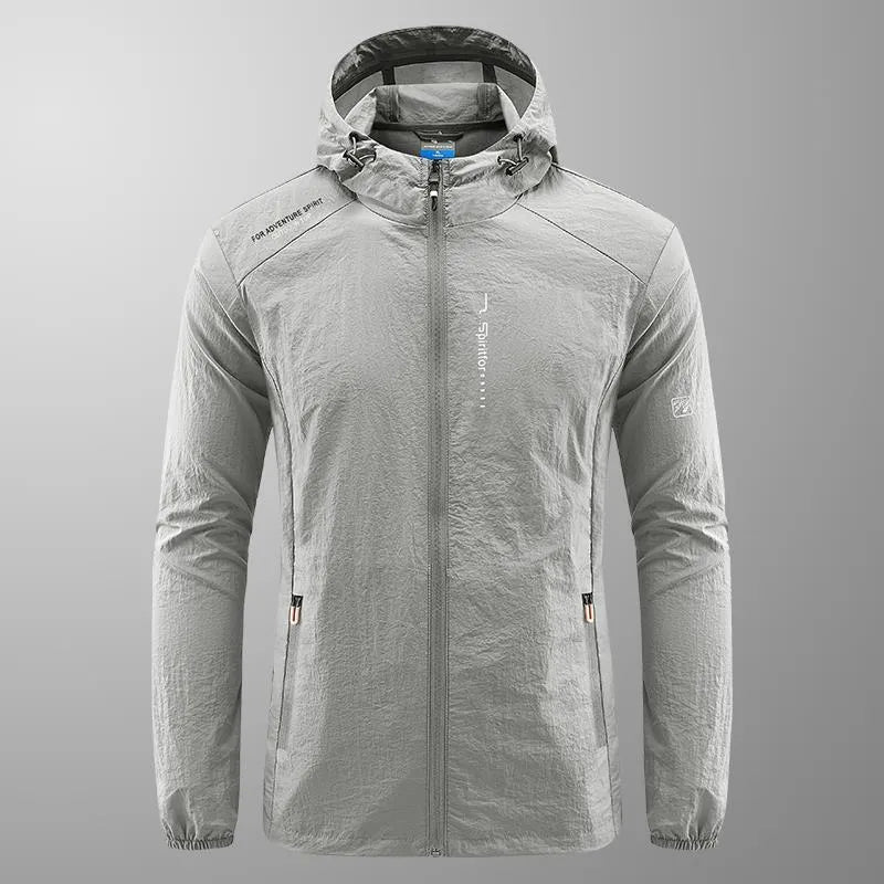 Men's loose fit hooded summer jacket in nylon, shown in light grey colour.