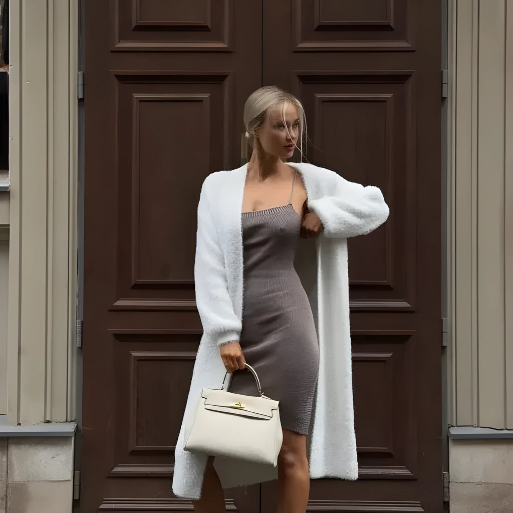 White women's knitted cardigan jacket with long sleeves and 105cm length