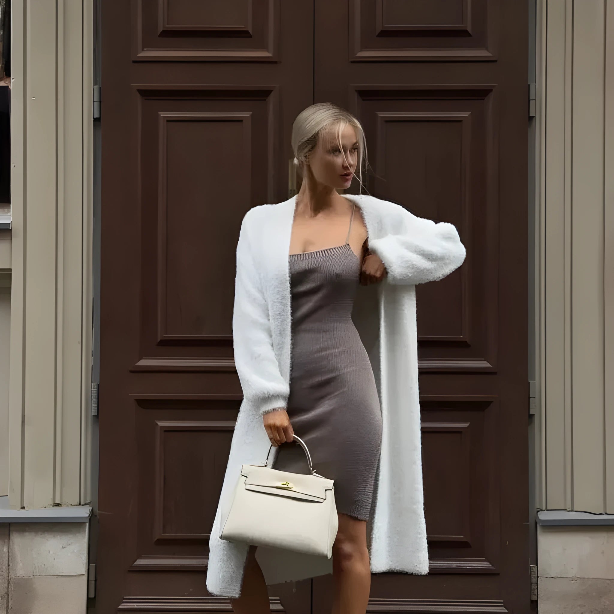 White women's knitted cardigan jacket with long sleeves and 105cm length