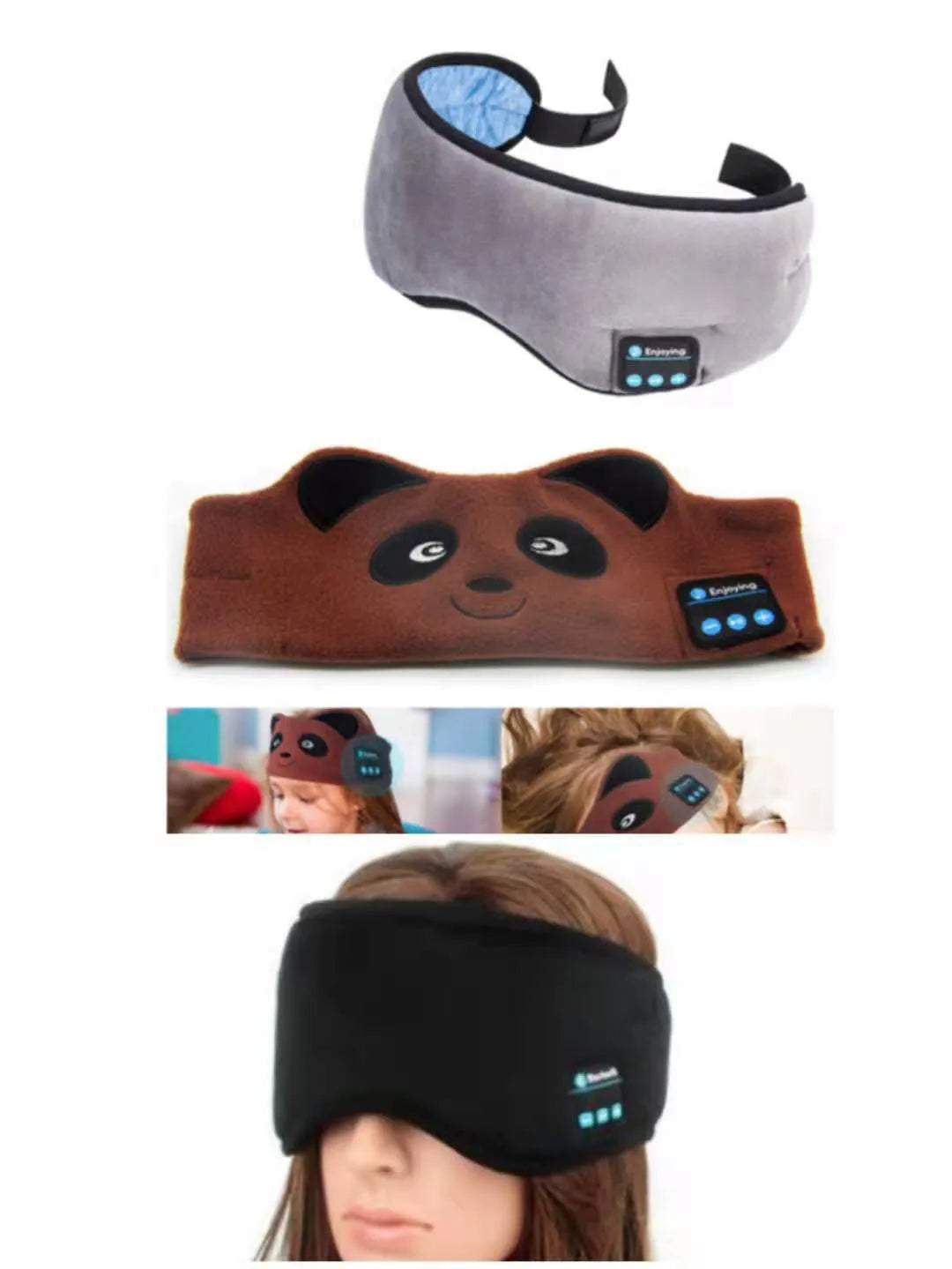 Black Bluetooth sleep mask with built-in speakers lying flat on a surface with a charging cable.