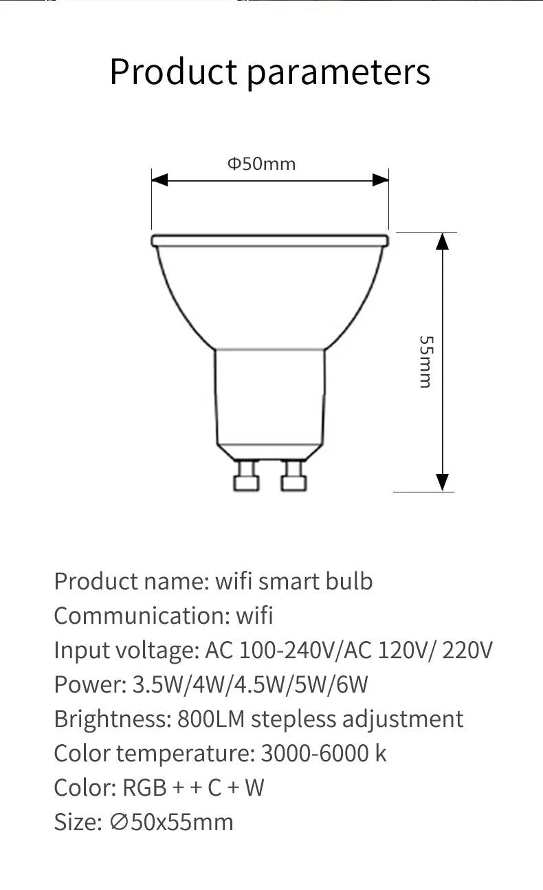 GU10 smart LED spotlight bulb with Wi-Fi and RGBCCT colour changing capabilities