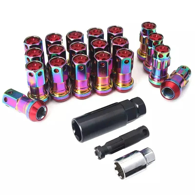 Aluminium alloy forged automobile wheel hub nut in various colours including red, gold, blue, purple, and black combinations.