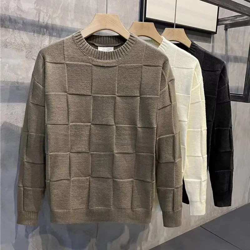 Men's round neck long sleeve bottoming sweater in rabbit fur blend, thick loose fit, colour black, front view