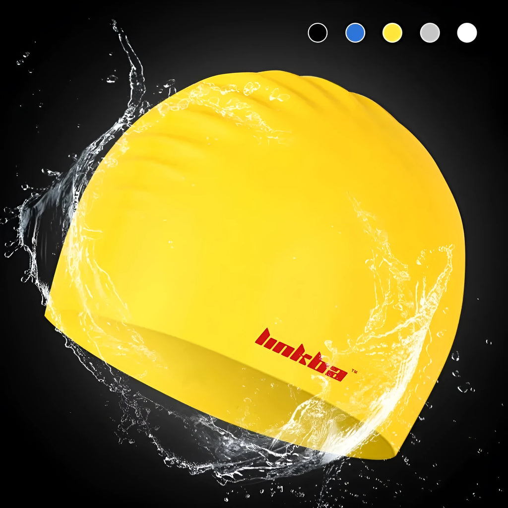 Silicone swimming cap with earmuff design and letters pattern in five colour options.