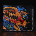 Men's carved leather short wallet in red, blue, or gold, showing open design.
