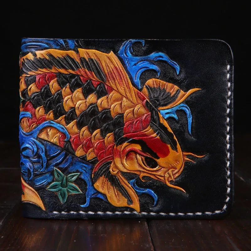 Men's carved leather short wallet in red, blue, or gold, showing open design.