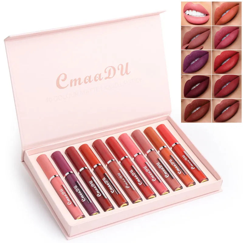 10-pack of women's non-stick cup waterproof matte lipstick in photo colour, each 3g stick with matte finish in compact packaging
