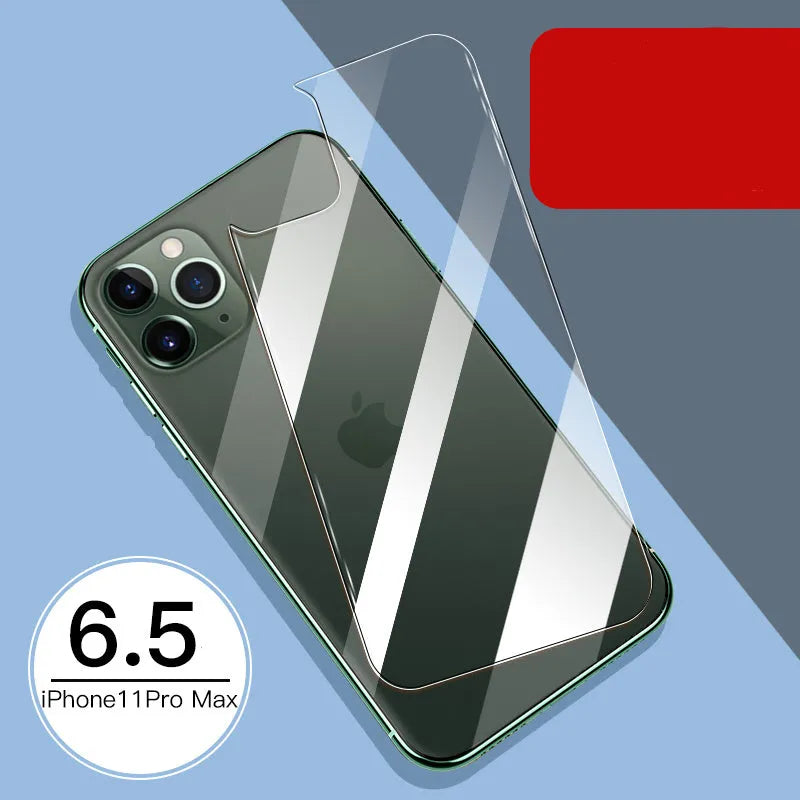 Apple iPhone tempered glass screen protector set showing front and rear film with true 10D explosion-proof construction
