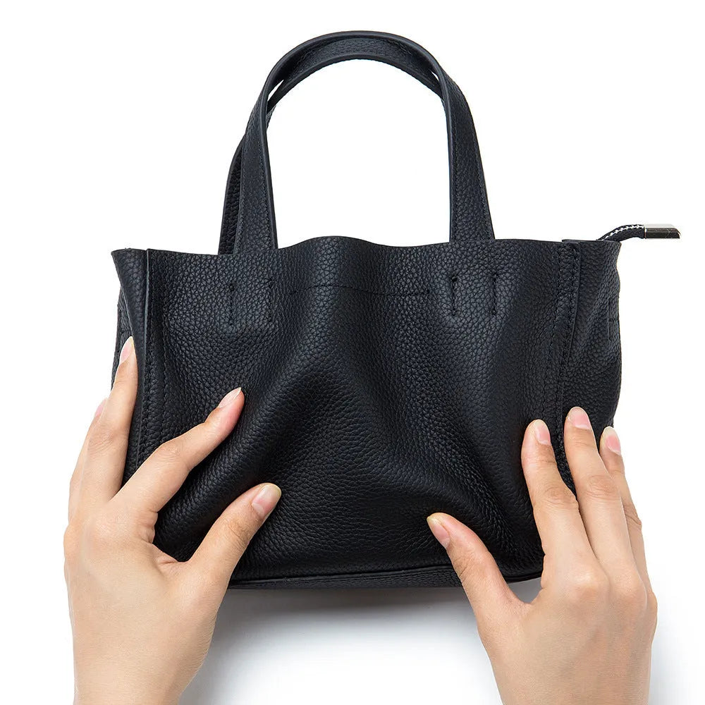 Genuine leather handbag shoulder crossbody in black, first layer cowhide, horizontal square shape