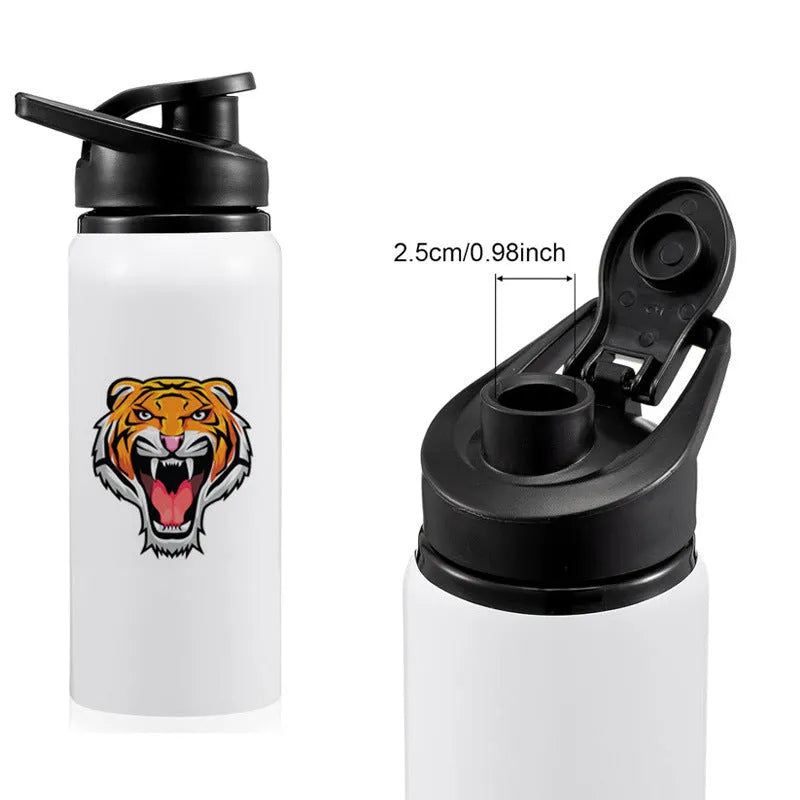 White aluminium sports water bottle shown with 600ml and 750ml capacity options