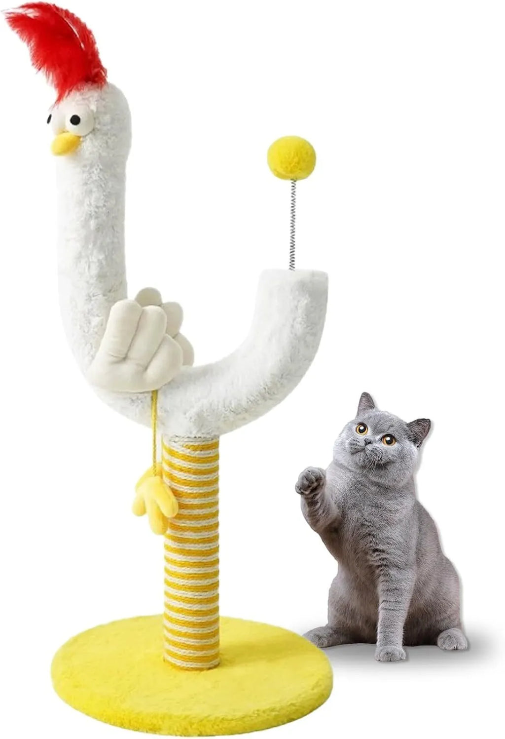Yellow vertical cat scratching post with sisal rope and spring ball top, measuring 88cm tall.