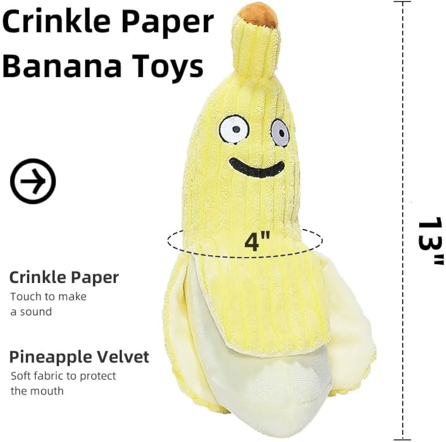 Yellow banana-shaped cat crinkle toy with catnip filling measuring 13 inches long
