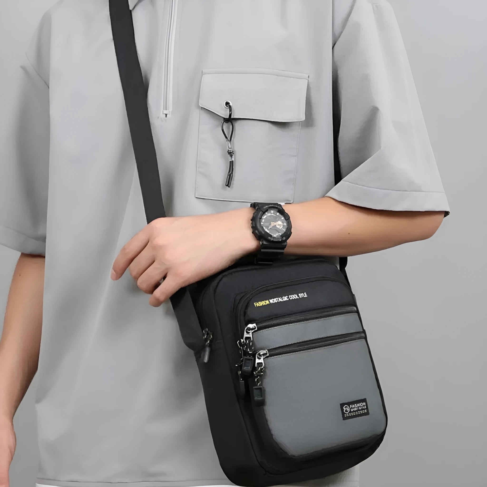 Men's waterproof nylon crossbody bag in green colour with adjustable shoulder strap