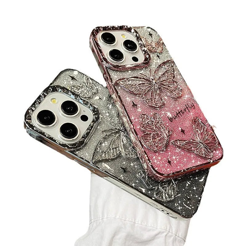 Silicone phone case with butterfly glitter gradient print for Apple iPhone