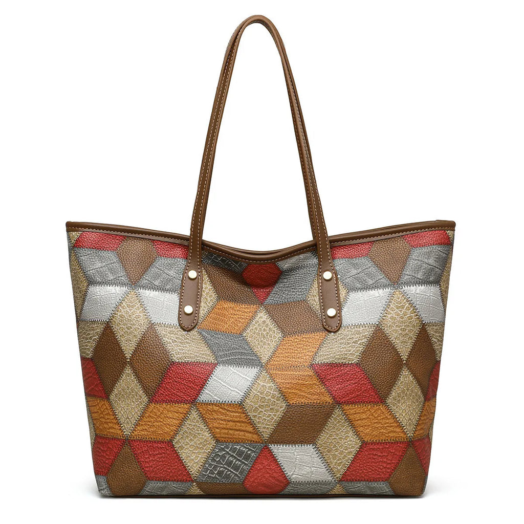 Women's blue brown PVC shoulder handbag with large capacity and outer sandwich pocket