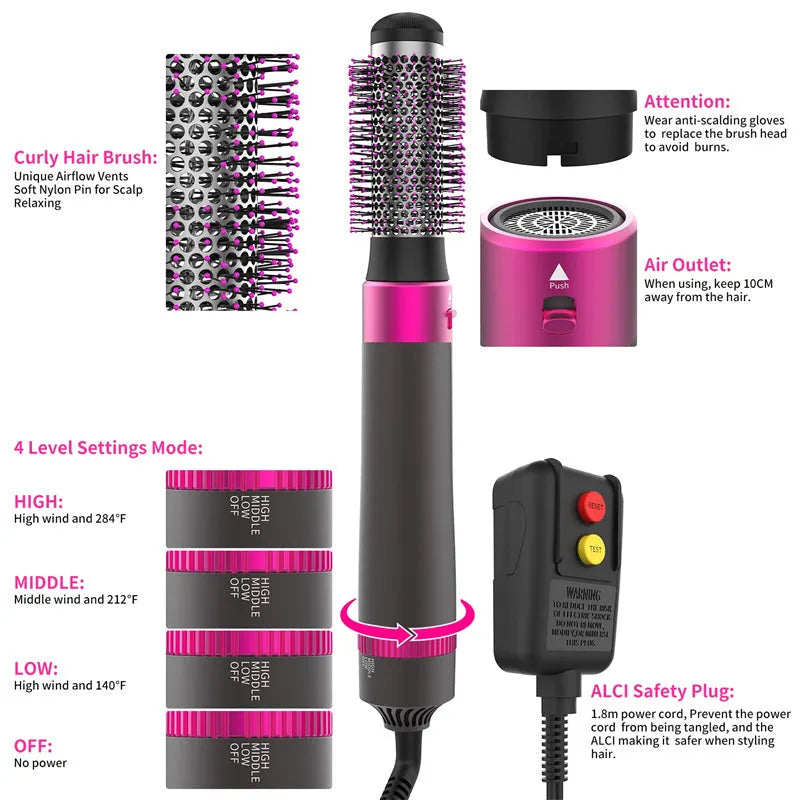 Dyson grey 5-in-1 hair dryer brush styling tool with hollow, nozzle, straight, and curly brush attachments