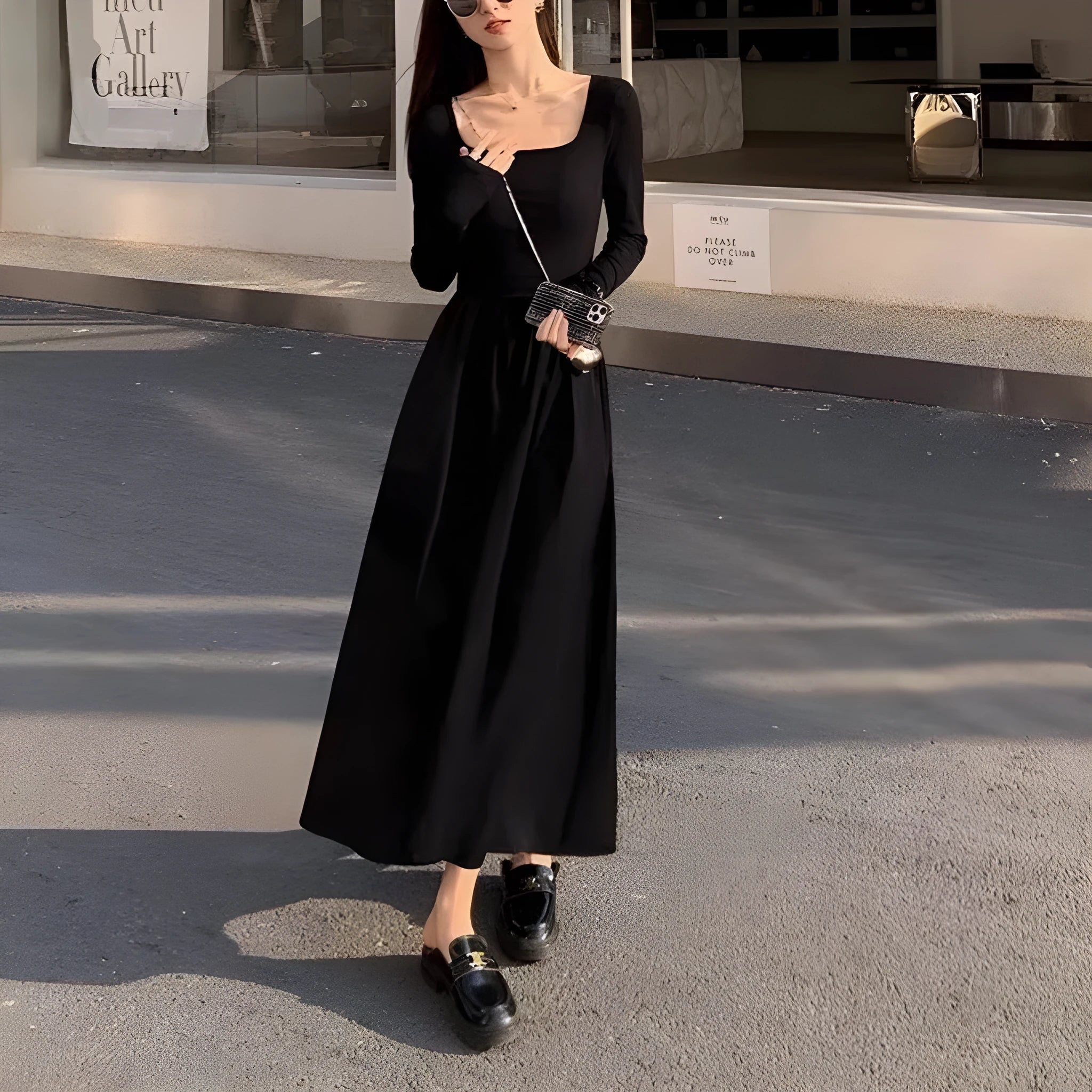 Black or grey square collar knitted dress with elastic waist and long A-line skirt