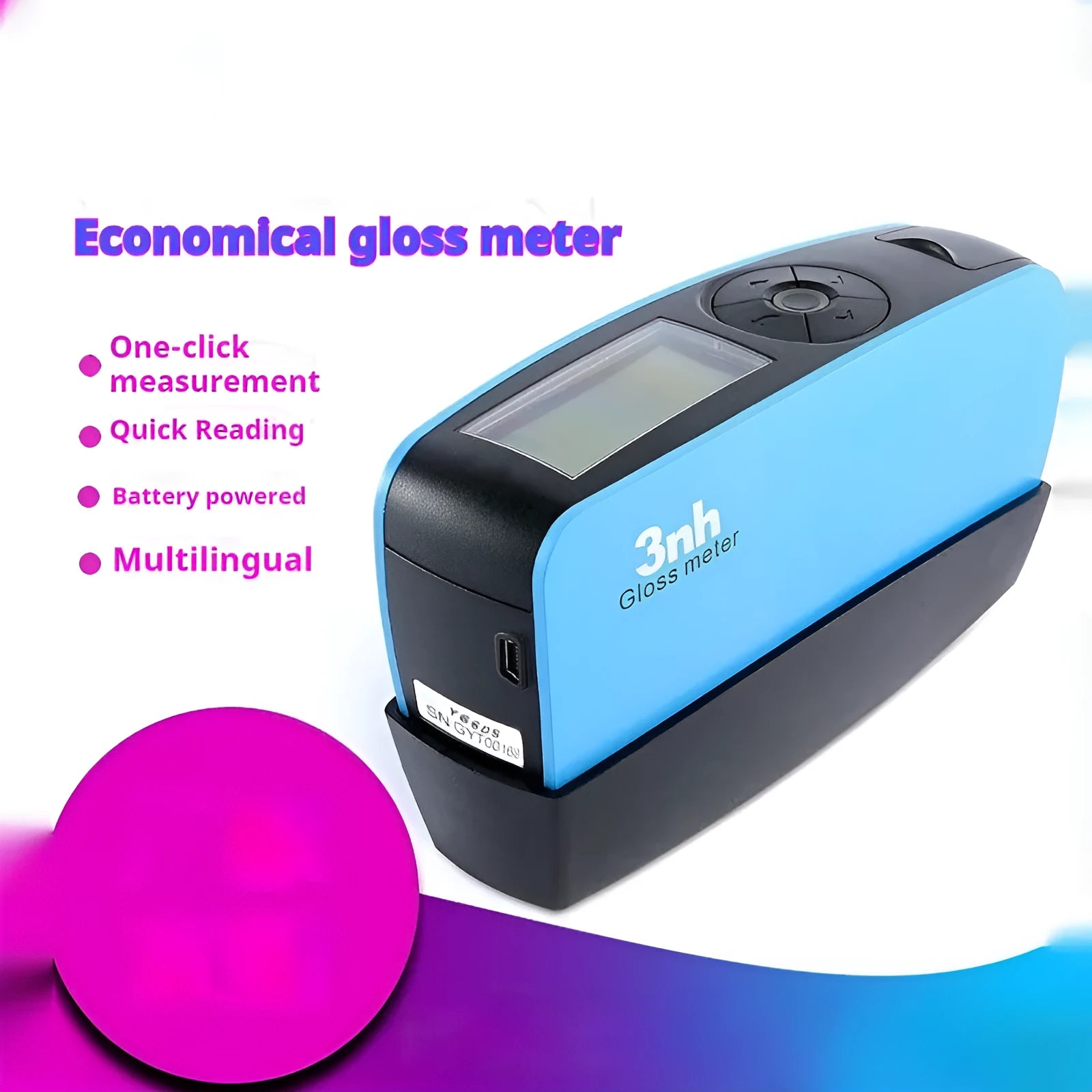 YG60S portable glossmeter on a flat surface measuring gloss of black leather sample