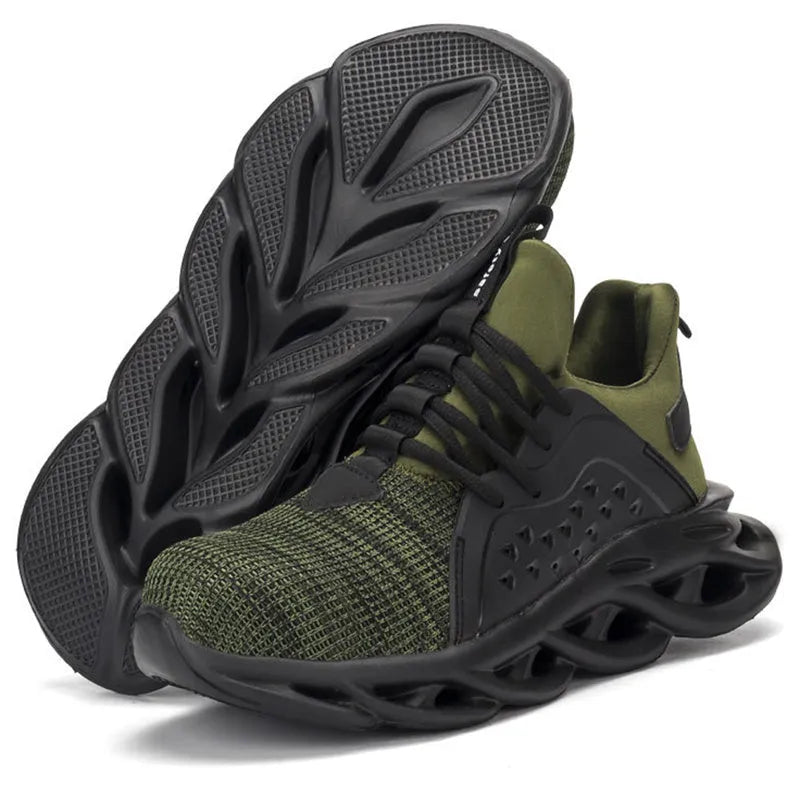 Men's anti-puncture safety sneakers with steel toe, lace up, black, breathable fly woven upper and EVA sole